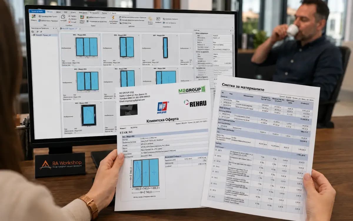 Отпечатана клиентска оферта и сметка за материалите пред екран с RA Workshop проект и модули за дограма