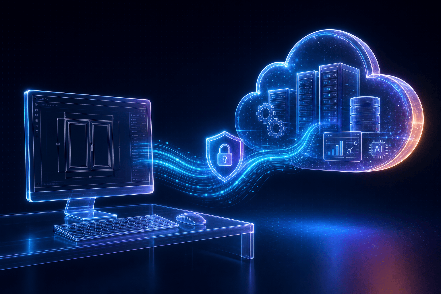 Holographic liquid-glass illustration of a desktop PC securely linked through a shield to a cloud of servers, database, analytics and AI — RaConnect MicroAPI connecting your workshop machine to Delice cloud services.