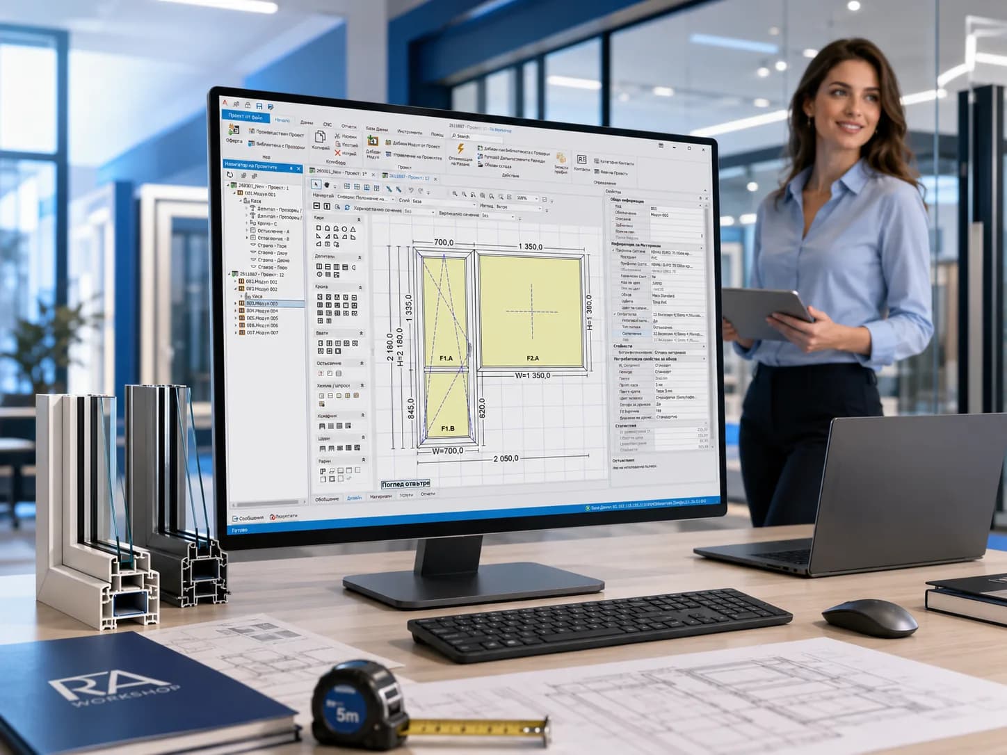 Работно пространство за производител на дограма с CAD софтуер RA Workshop на екрана, профилни мостри и технически чертежи на бюрото