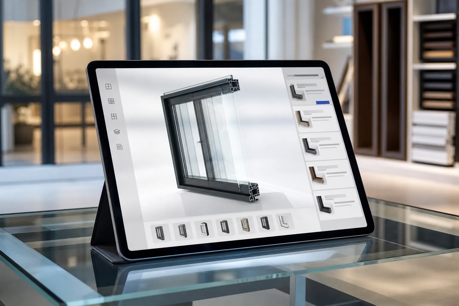 Шоурум таблет, показващ облачния конфигуратор RA Dealer с 3D преглед на прозорец и живо ценообразуване.