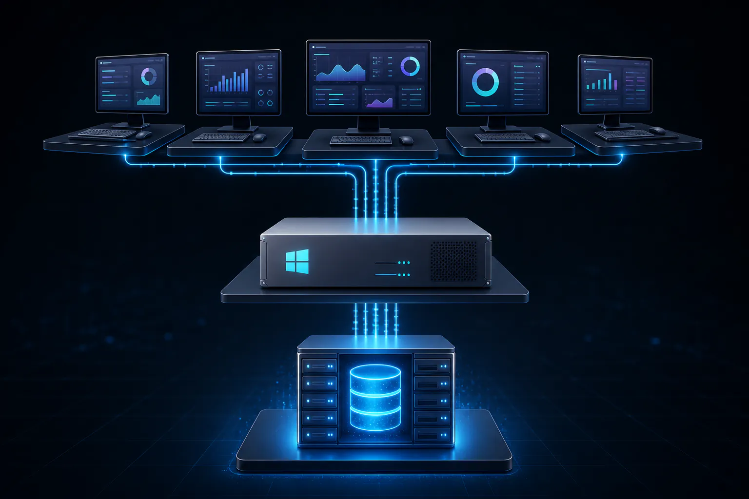 Тристепенна диаграма, показваща SQL базата, услугата RA Workshop Server и свързани шоурум клиенти.