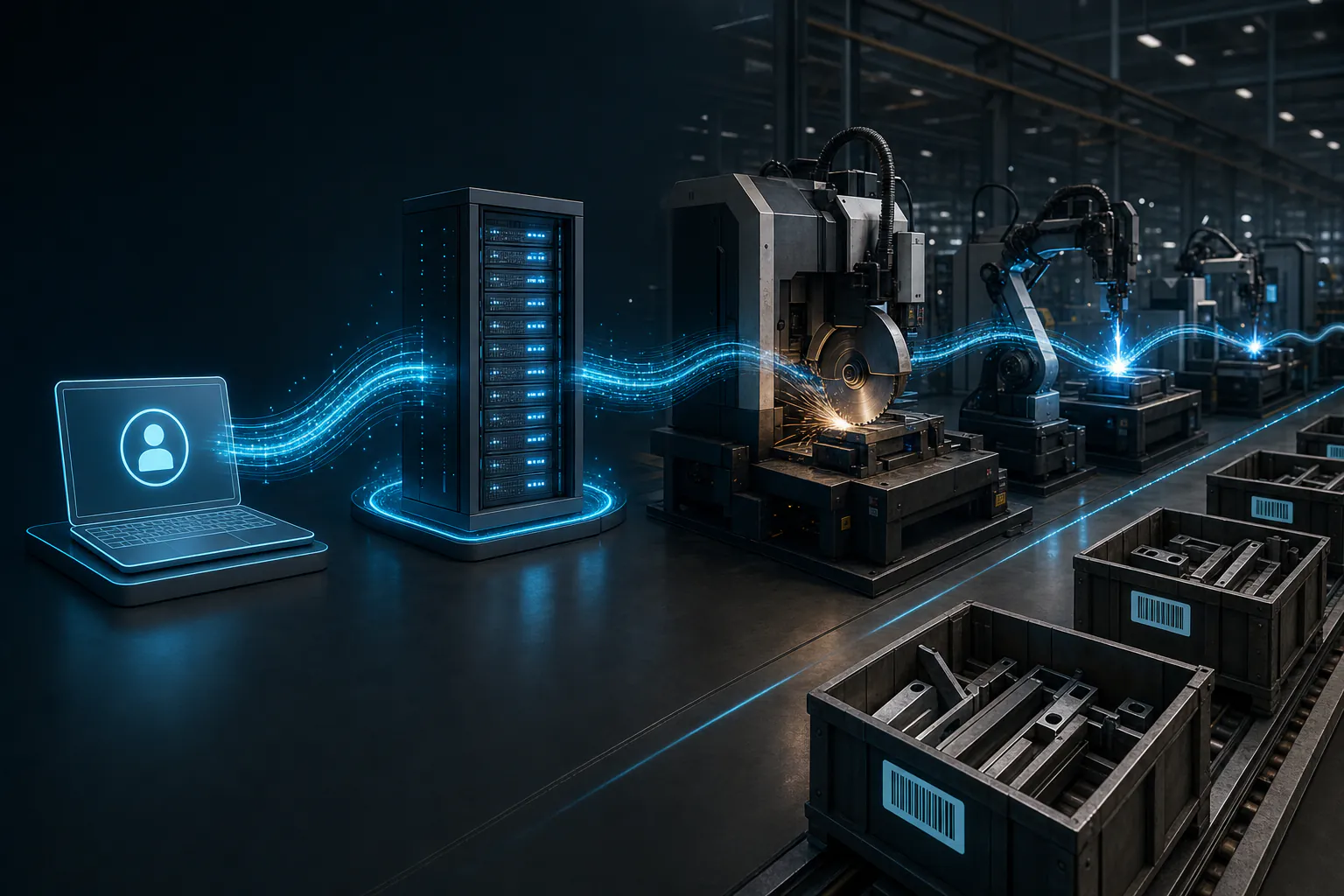 Визуализация на дигитална нишка, протичаща от дилърския портал през RA Server в CNC линии и баркодно проследявана работа в процес.