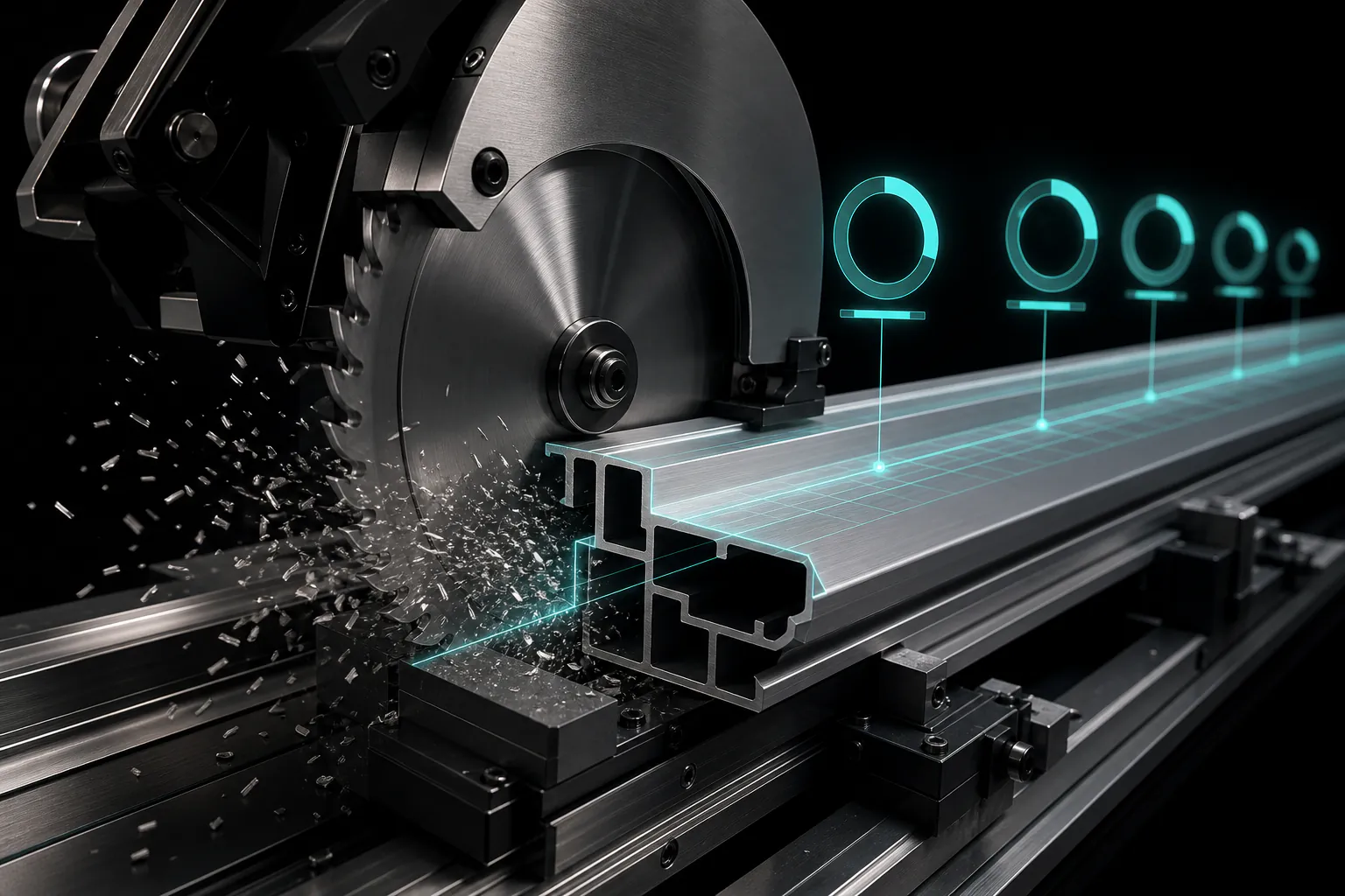 Изометричен рендер на CNC циркулярен диск, режещ алуминиеви профили, с насложени пътеки на оптимизация и метрики за използваемост.