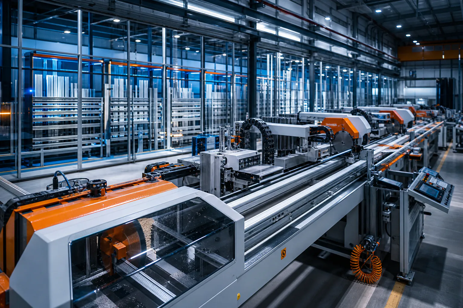 Модерен цех за uPVC и алуминиева дограма със синхронизирани CNC циркуляри и заваръчни линии, осветен от индустриални лампи.