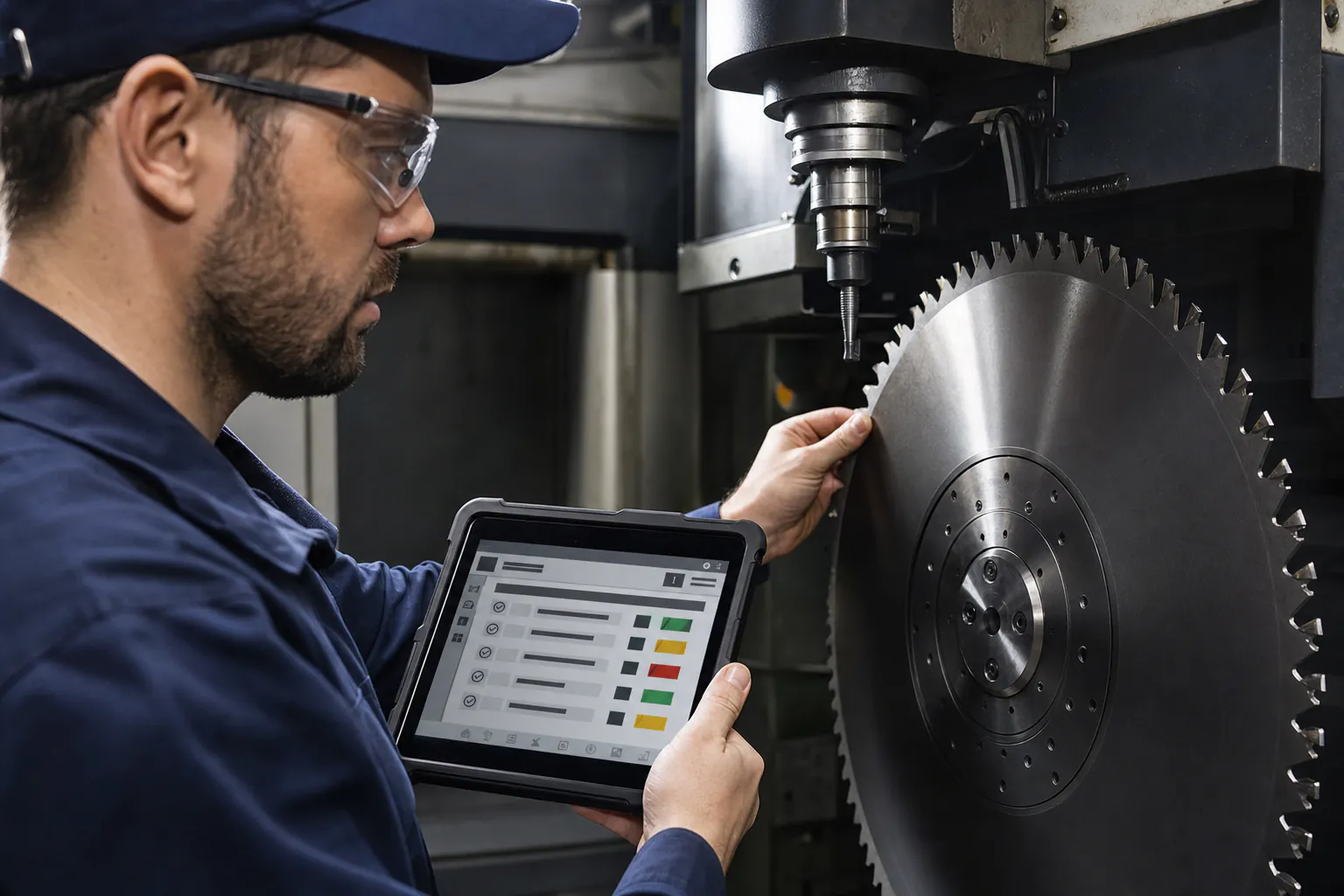 CNC оператор инспектира циркулярен диск и инструментален държач с таблет с чек-лист за поддръжка в ръка.