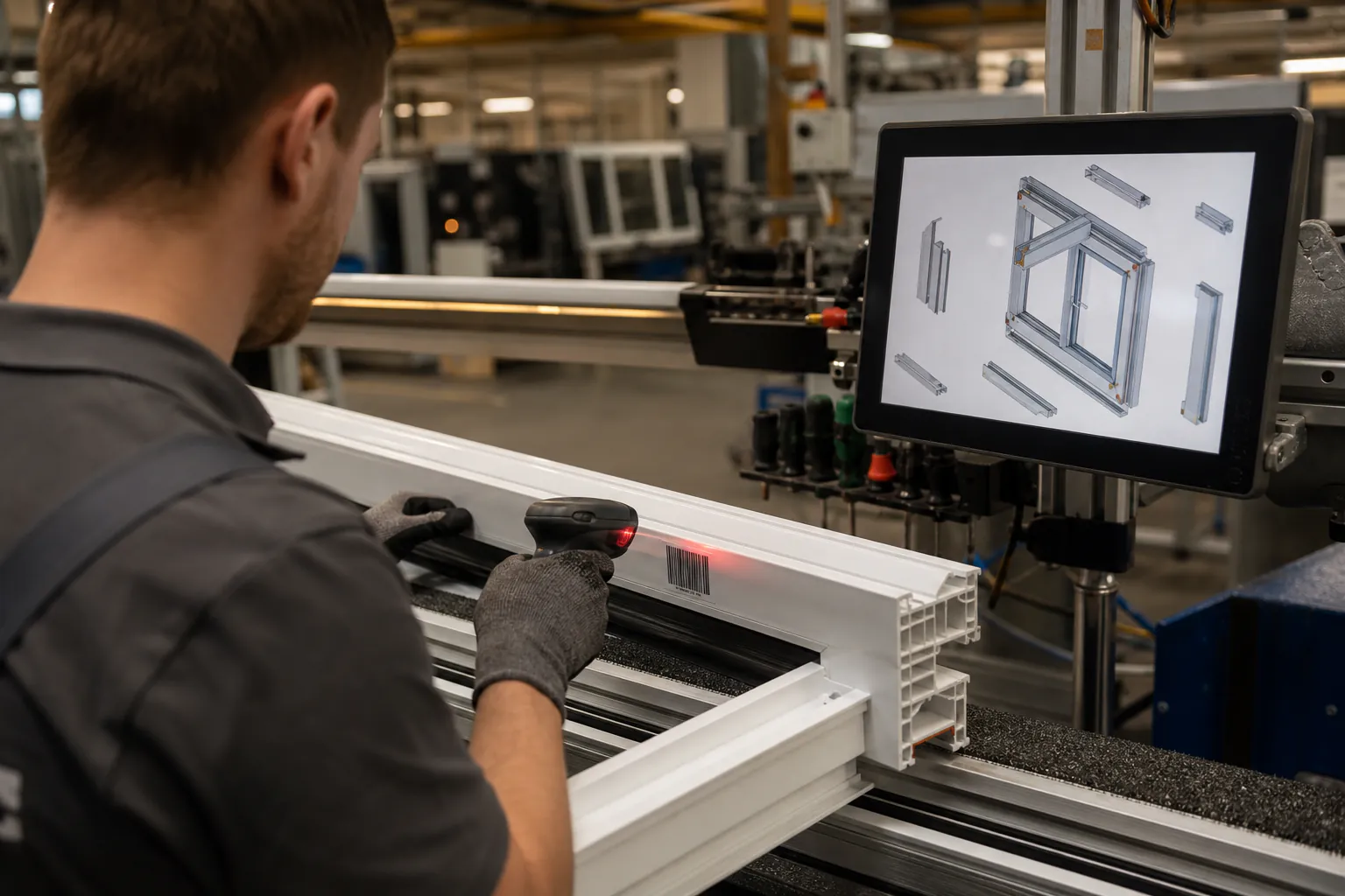 Оператор на сглобяваща станция сканира баркод етикет, който показва 3D сглобяване на прозорец на терминал.