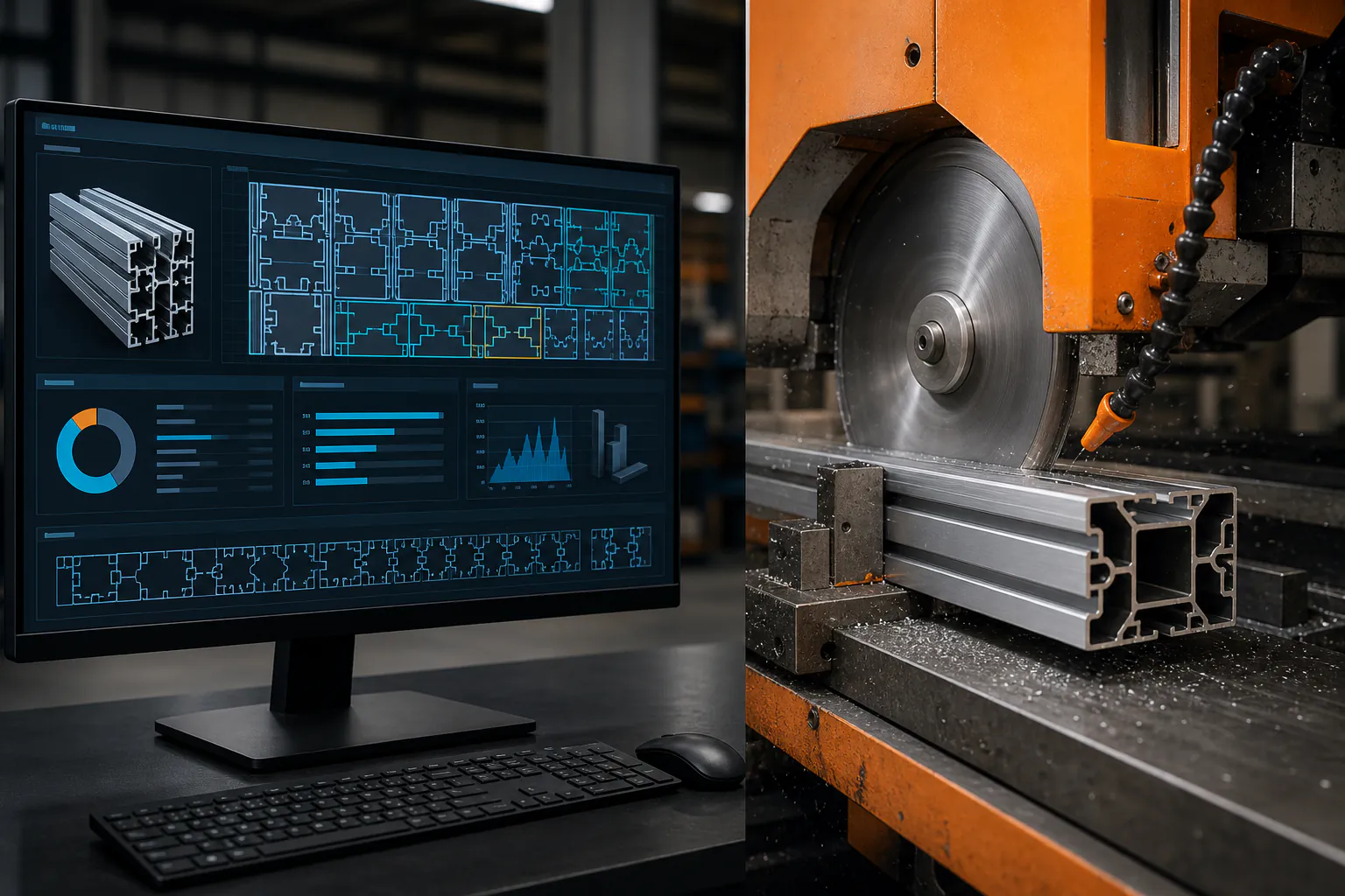Разделен екран, показващ интерфейса за оптимизация на RA Workshop и CNC циркуляр, изпълняващ получения план за разкрой.