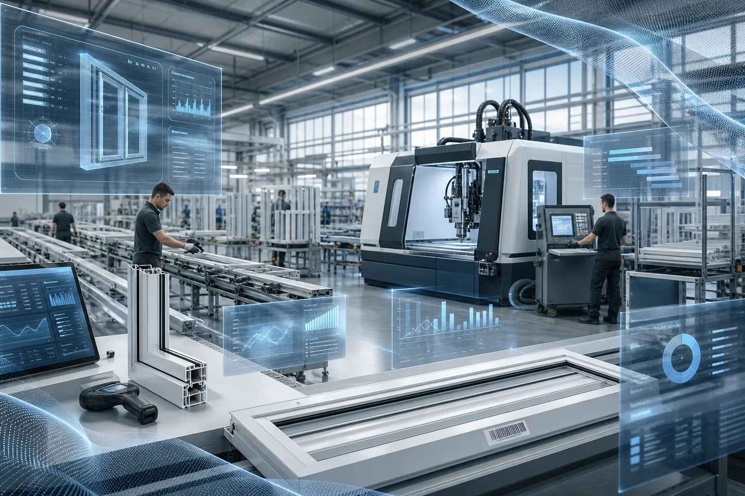 Многолинейна фабрика за дограма със синхронизирани CNC циркуляри, заваръчни автомати и проследяване с баркодове.